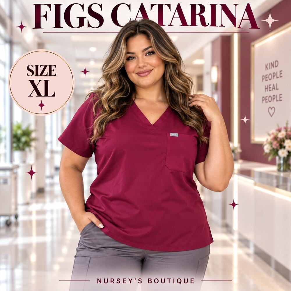 FIGS Catarina Scrub Top Women’s XL Burgundy V Neck One Pocket FIO